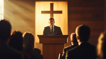 Pastor Delivering Sermon Behind Wooden Pulpit with Cross Overhead