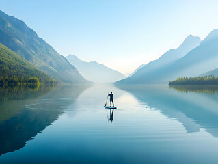 A serene landscape featuring a person paddleboarding on a calm lake surrounded by majestic mountains and a clear blue sky.