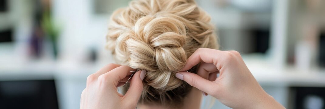 Delicate hands adjust a beautiful intricate updo hairstyle with blonde hair, showcasing elegance and careful attention to detail, captured in a high-end salon environment.