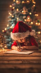 Festive scene of a child in a Santa hat writing a letter, illuminated by warm Christmas lights and...