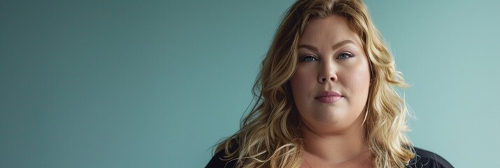 Confident plus-size woman with blonde wavy hair and piercing gaze stands against teal background, embodying self-assurance and body positivity in modern portrait.