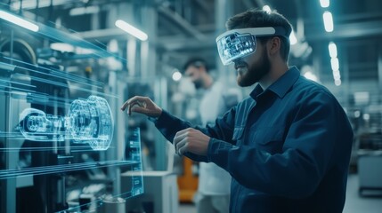 Engineer using augmented reality headset to visualize holographic model in futuristic factory setting.