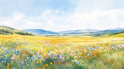 Watercolor painting of a field of wildflowers with hills in the distance.