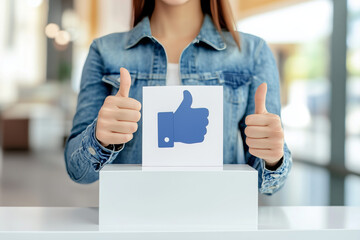 Customer giving two thumbs-up next to box. Perfect for promoting positive feedback, social media engagement, or customer satisfaction