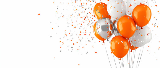 A vibrant arrangement of orange and silver balloons surrounded by colorful confetti, perfect for festive celebrations.