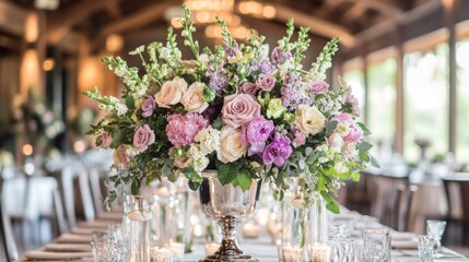 This captivating image showcases the elegant decor and stunning floral arrangements of a real wedding. The photograph features a beautifully decorated table in a charming wedding venue.