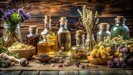 Fototapeta premium A rustic table display featuring bottles of oils, dried flowers, and herbs