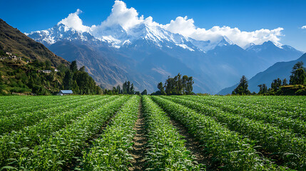 A field of medicinal plants in the Himalayas, with snow-capped peaks in the background, emphasizing their cultivation in high altitudes 