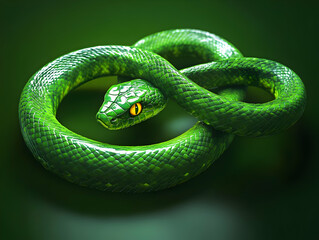 Fototapeta premium A vibrant green snake coiled gracefully against a dark background, showcasing its striking scales and captivating gaze.