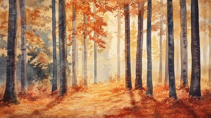 Watercolor painting of a forest path with tall trees on both sides. The path is lined with fallen leaves and the trees are painted in shades of brown and orange.