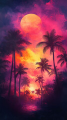 Red and purple tropical paradise with vibrant palm trees with a dreamy sunset scenery background