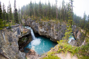 Majestic Waterfall Flowing into a Deep Forest Gorge