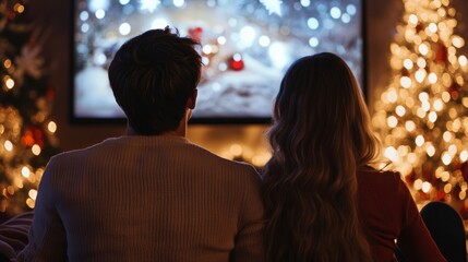 Young couple watching Christmas movie on projector screen at home back view