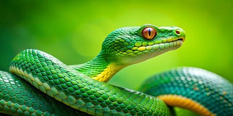 Fototapeta premium Green forest snake resting on vibrant green background