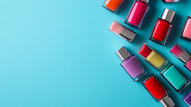 Nail polish colorful bottles. Manicure concept. Top view. Nailpolish colourful bottles over blue background border backdrop. Nail polish red pink violet colors shellac UV gel varnish palette