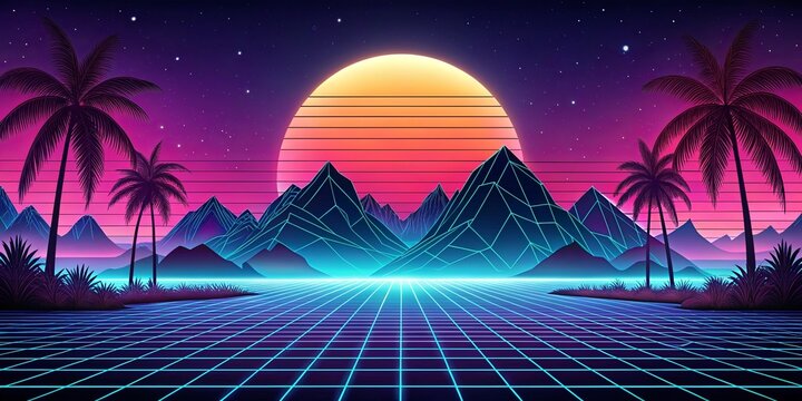 Retro sci-fi 80s video game landscape with night, mountains, palm trees, and retro synthesizer