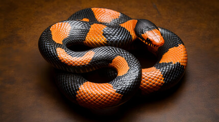 Fototapeta premium A vibrant snake showcasing striking orange and black patterns, blending beautifully with a natural brown background.