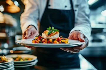 Close up of chef serving a dish in restaurant , ai