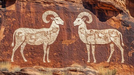 Big horn sheep petroglyphs of the Anasazi Native American people on red sandstone wall in Capitol Reef National Park Utah