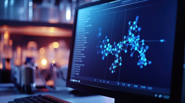 A close-up of a computer screen displaying a 3D model of a protein structure in a biochemistry lab