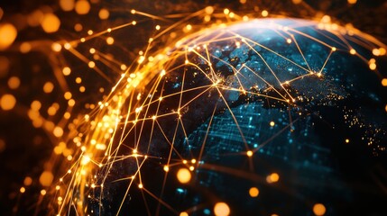 A close-up of a glowing globe with connected lines representing the global internet network