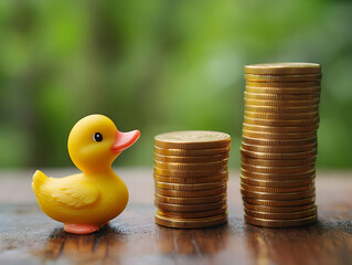 A whimsical rubber duck next to stacks of golden coins, representing savings, finance, and playful investment.