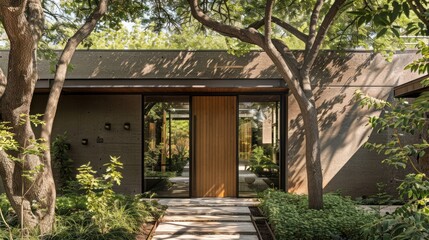 Modern House Entrance with Green Trees