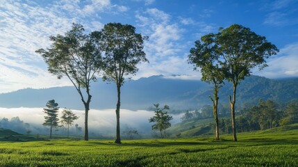 Obraz premium Teak trees in the morning under the blue sky.