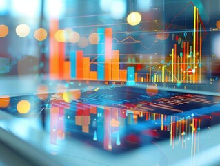 A vibrant data visualization on a digital screen, showcasing dynamic charts and financial metrics in a modern business environment.
