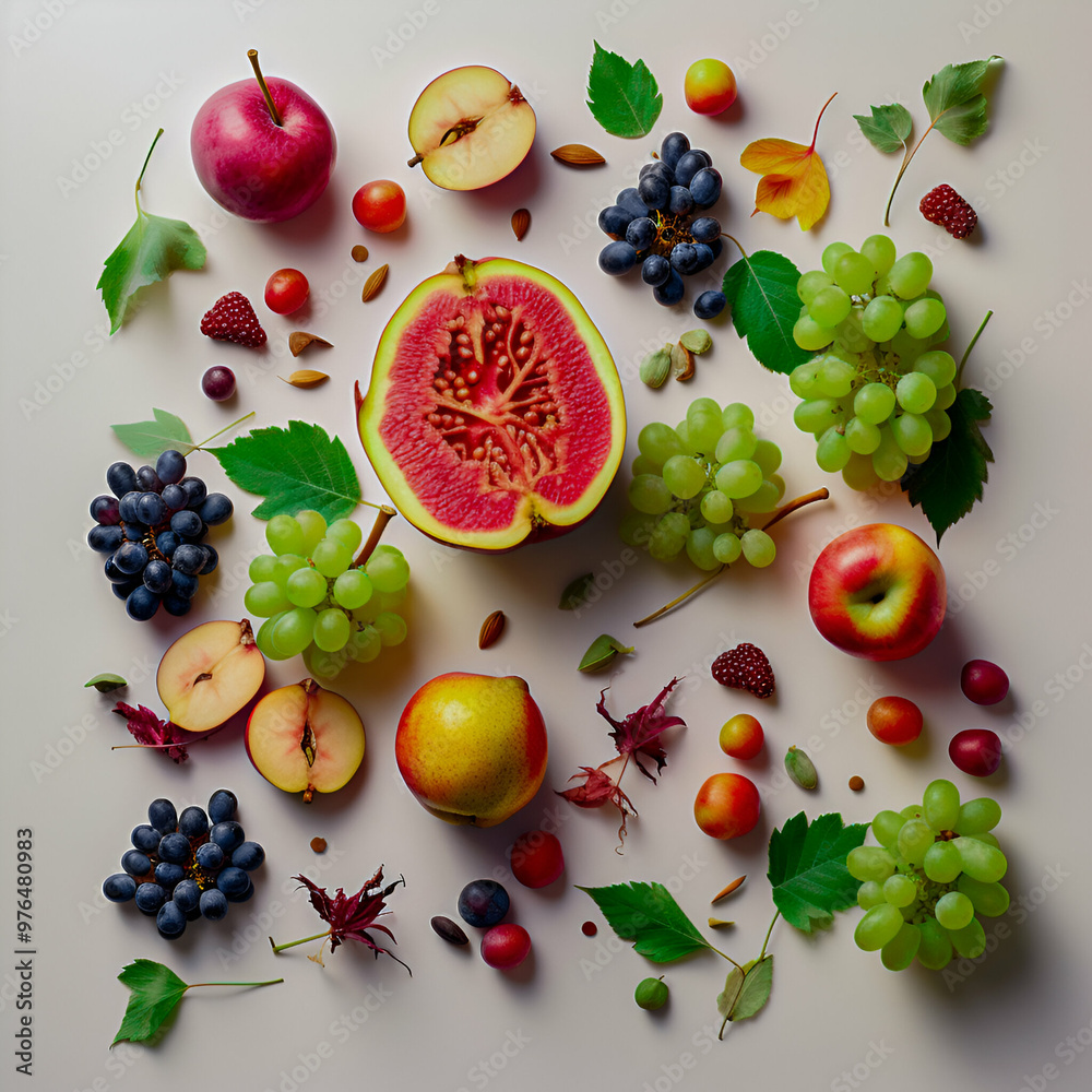 Wall mural flatlay of autumn fruits, minimalist style, white background