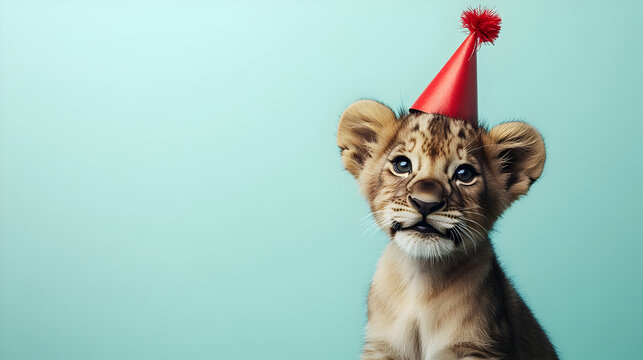 Adorable lion cub wearing a festive party hat, perfect for birthday celebrations and cheerful animal-themed events.