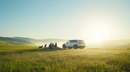 Group enjoying a picnic beside an SUV in a scenic meadow at sunset. Perfect for travel and outdoor lifestyle imagery.