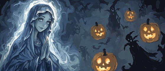 Virgin mary illustration in Halloween themed with copy space