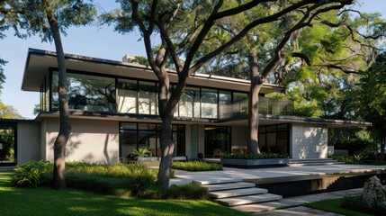 Obraz premium Modern House with a Pool and Lush Green Landscaping