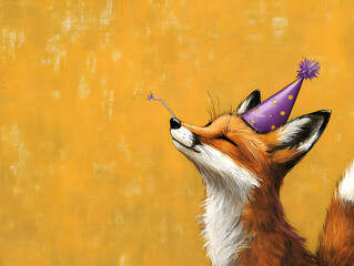 Cheerful fox wearing party hat, celebrating joyfully with a bright yellow background, perfect for festive themes.