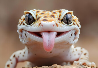 Close-up of a cheerful gecko with bright eyes and a playful expression, showcasing its unique patterns and vibrant colors.