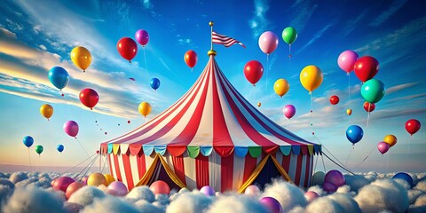 Vibrant circus tent in the sky surrounded by balloons and streamers