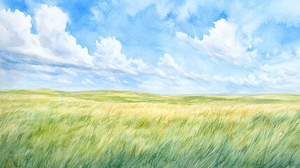 Watercolor painting of a green field with a blue sky and white clouds in the background.