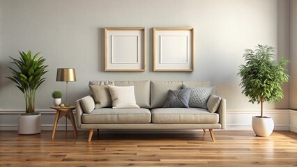 Cozy living room with a sofa, picture frame, and wooden floor