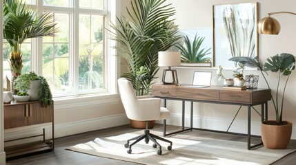 Fototapeta premium Modern Home Office with Plants and Natural Light