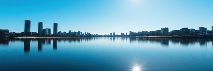 Obraz premium A panoramic view of a city skyline with tall buildings reflected on a calm lake, under a clear blue sky, capturing the serene beauty and modern architecture of the cityscape.