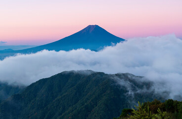 Fototapeta premium 大月市 白谷ノ丸山頂から夜明けの雲海とビーナスベルトの富士山