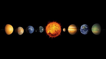 Illustration of the solar system featuring planets aligned with the sun in the center against a black background, showcasing planetary order.