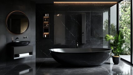 Luxurious Modern Black Marble Bathroom Design with Freestanding Tub