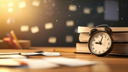 A quiet study desk at dawn with an alarm clock, books stacked neatly, and scattered papers, capturing the essence of time management, preparation, and focus on learning for academic success.