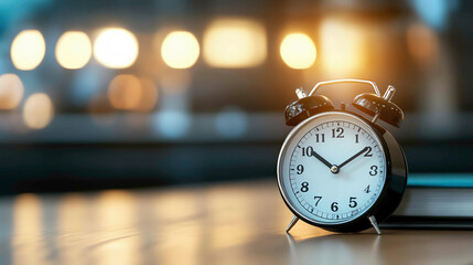 A classic black alarm clock on a wooden desk with blurred warm bokeh lights in the background, symbolizing focus, time management, and dedication towards study and productivity.