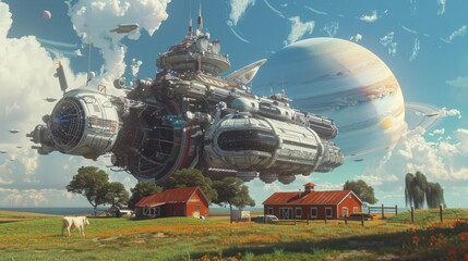 Fototapeta premium Spaceship Over Rural Landscape