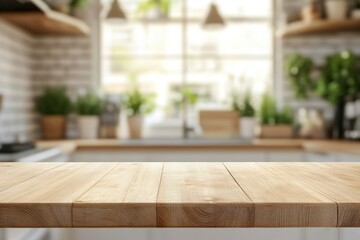 kitchen table background, wood counter top on blur of white clean abstract home interior with bokeh. used for display or montage your wooden for dining background. tabl banner, podium , ai