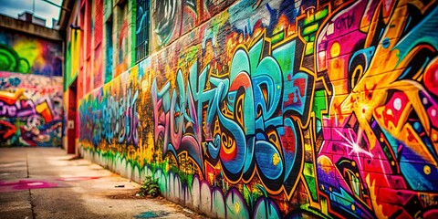 Graffiti-covered wall with abstract patterns and depth of field technique applied