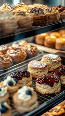 Delicious assortment of pastries displayed in a cafe, featuring scones, donuts, and sweet toppings, perfect for dessert lovers.